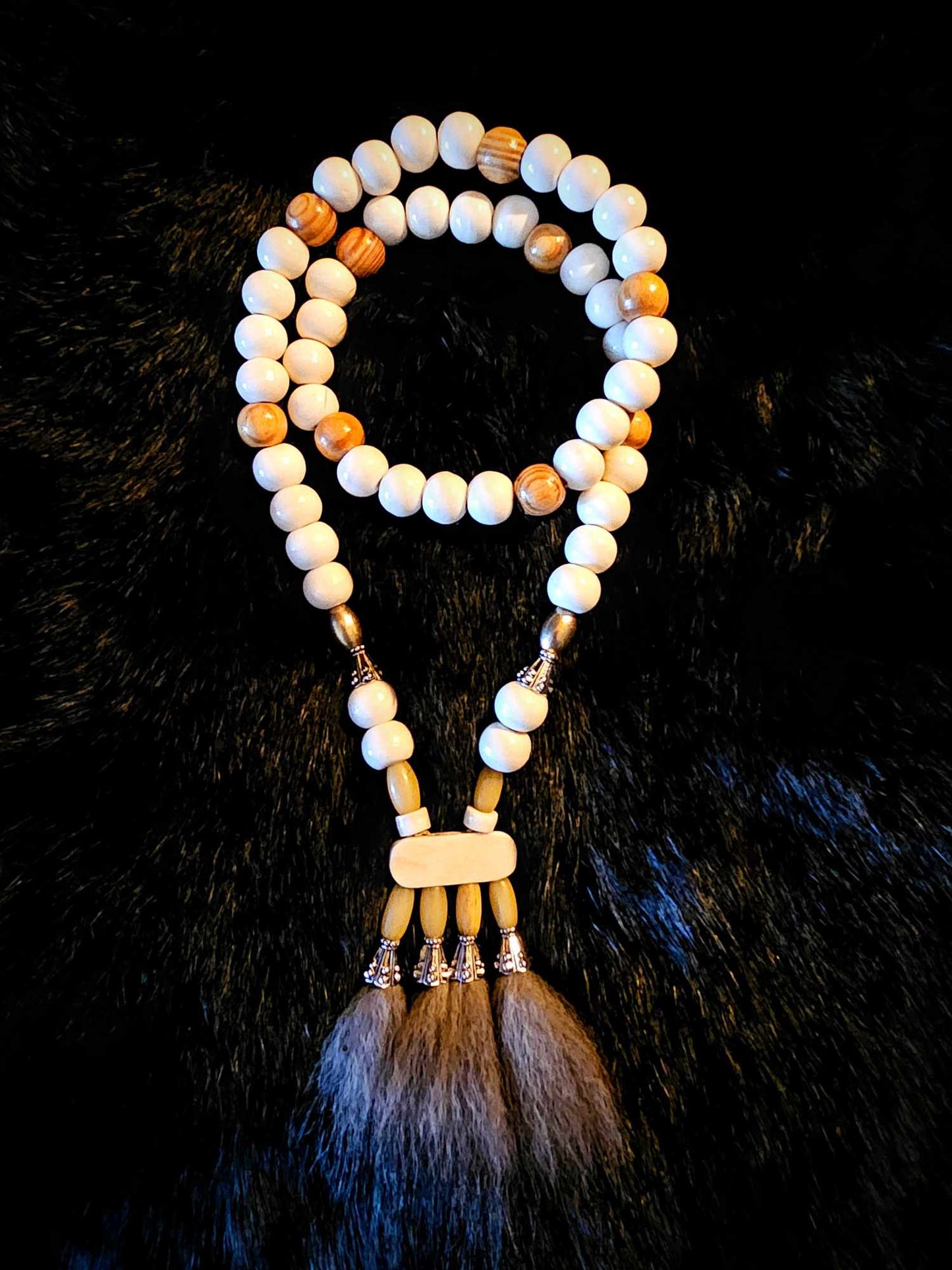 Wolf Fur Pendant with Bison, Cow, Wood, and Metal Beads