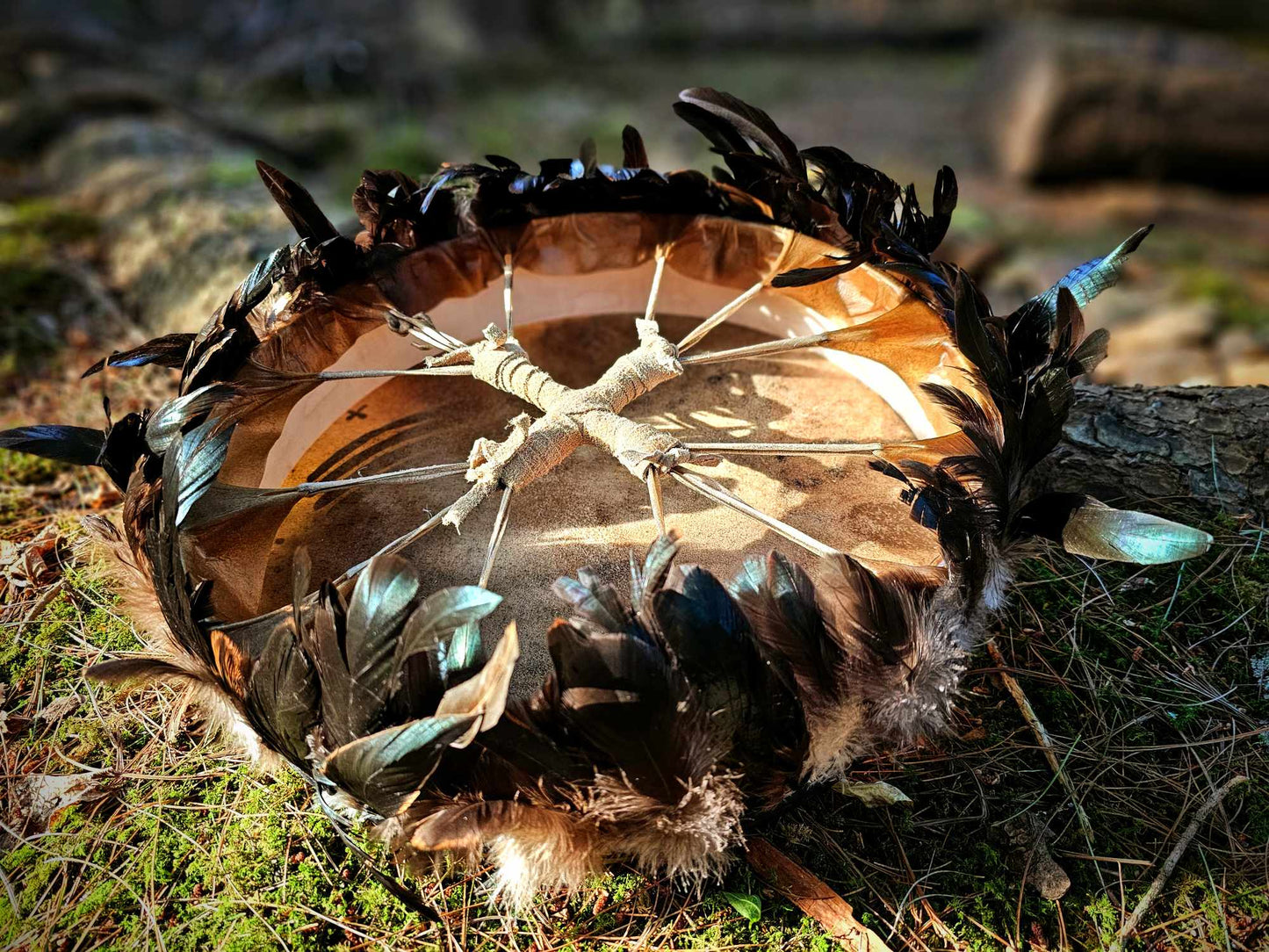 15" Black Bird Spirit Drum With Black Iridescent Rooster Hackle Fringe