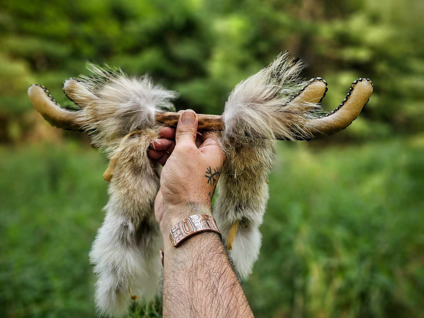 Elk Hide Antler Rattle With Coyote Fur