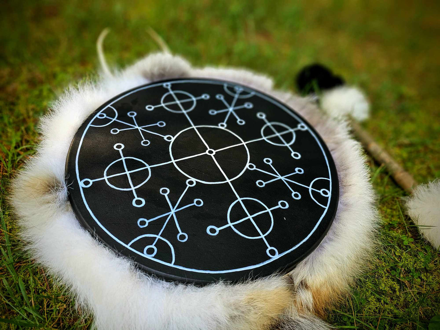 "Sun of All Seasons" Black Deer Hide Drum With Antler, Skull, Coyote and Wolf