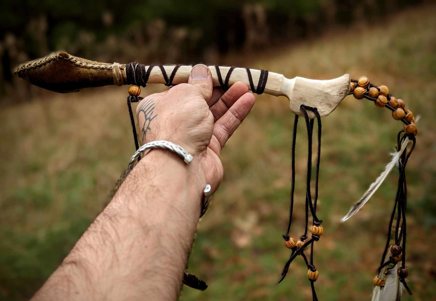Bear Hide Arrow Shaman Rattle Deer Bone Handle Wood Beaded With Duck Feathers