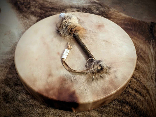 20 Inch Natural Deer Hide Drum With Coyote Fur and Deer Bone Beater