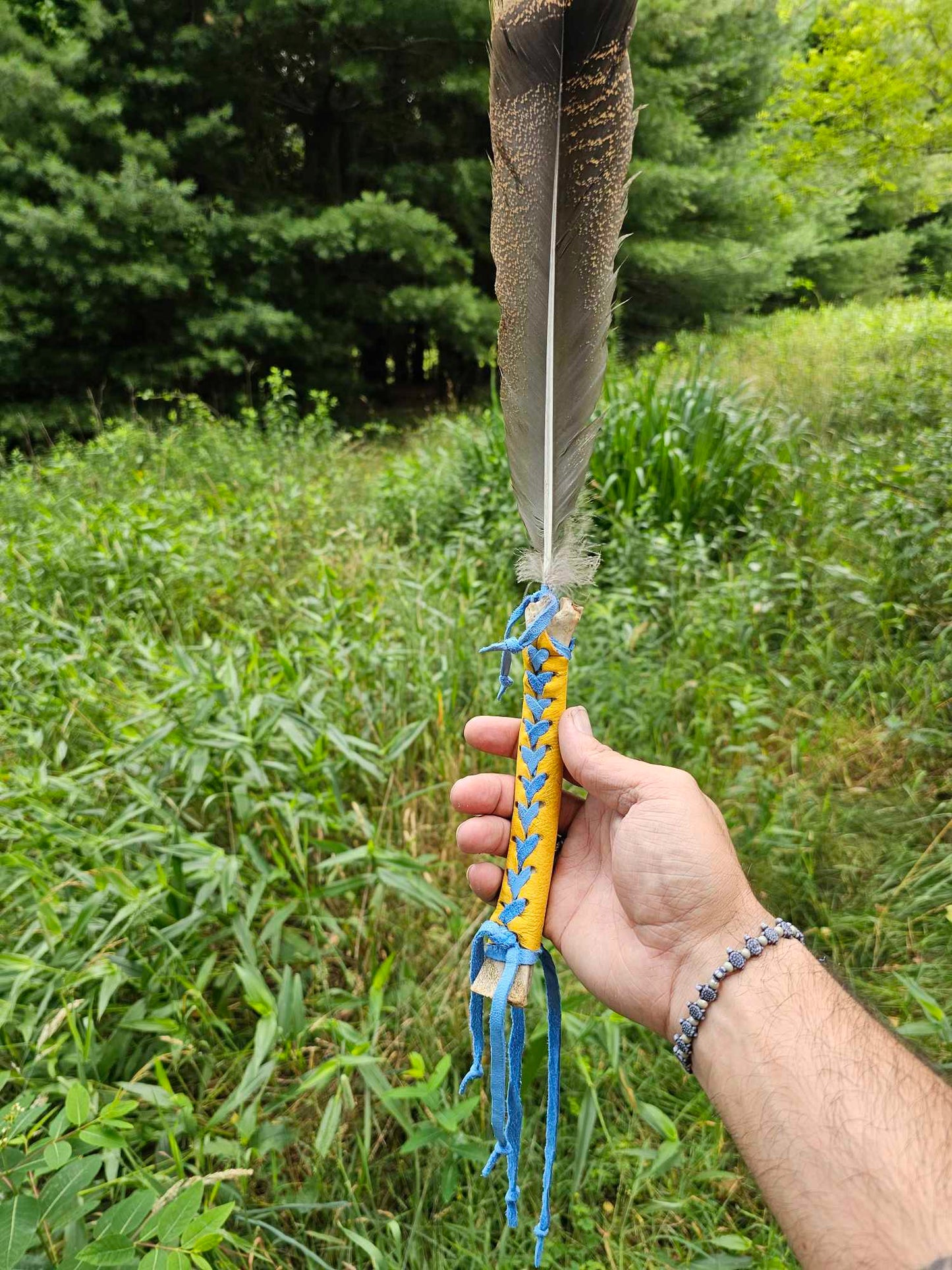 Deer bone Smudge Fan with Turkey feather, Elk Leather, Blue-Dyed Buckskin