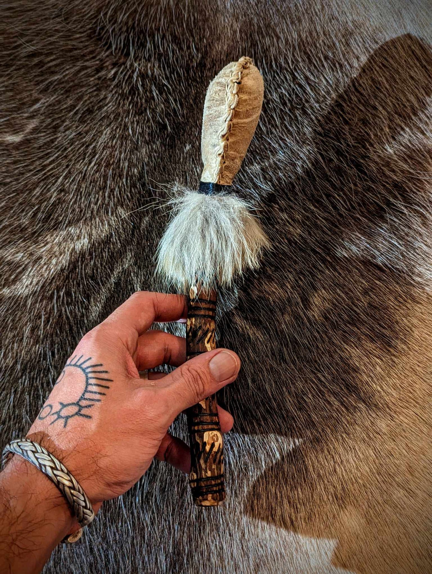 Hand Burned Engraved Deer Hide Coyote Fur Shaman Rattle
