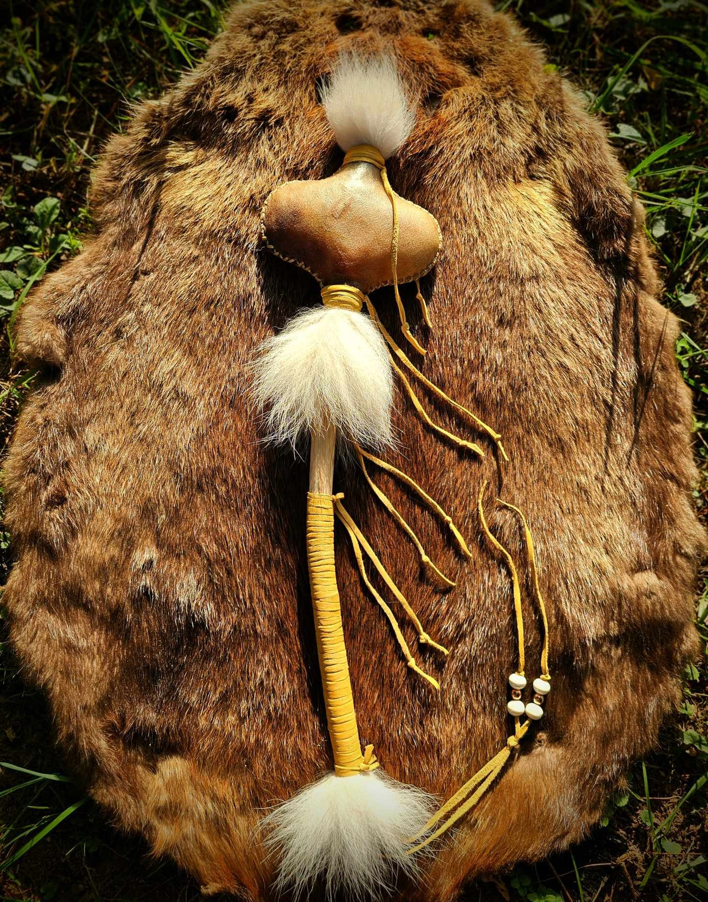 Running Dogs' Hunt Ceremony Rattle | Bison Hide | Copper Beads