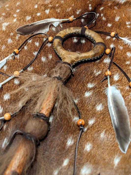 Bison Hide Loop Shaman Rattle Hand Crafted from Birch Wood Duck Feathers and Buffalo Hide | Meditation Rattle | Sound Healing
