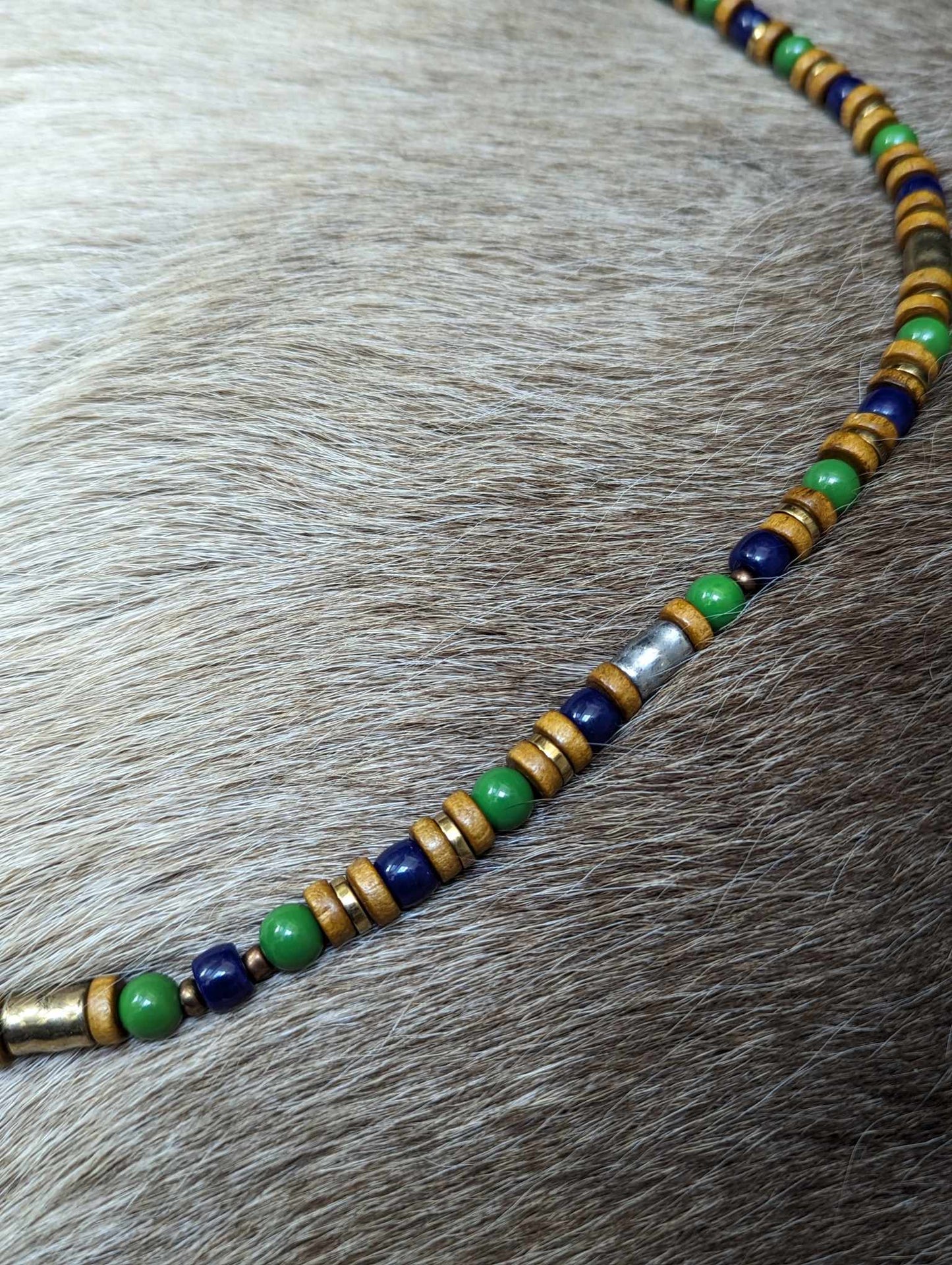 Wood, Green & Blue Glass and Metal Beaded Peacock Feather Necklace