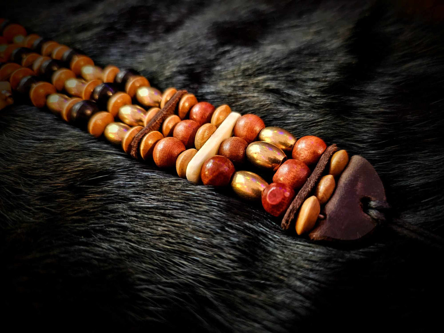 Double Wolf Tooth Beaded Brass, Bone, and Horn Choker Necklace