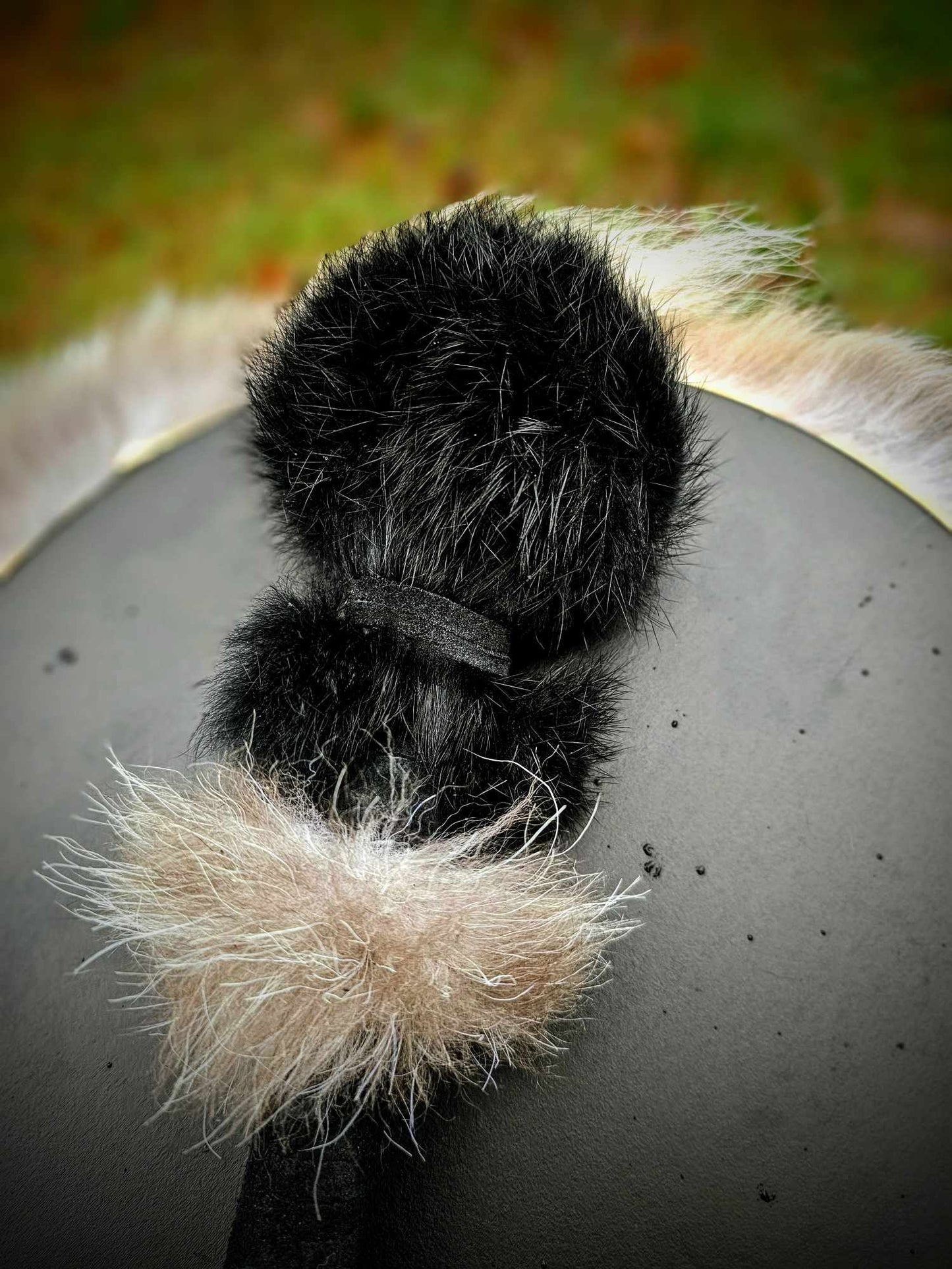 Black Deer Hide Drum & Beater With Wolf Fur Trim & Rabbit Fur Head