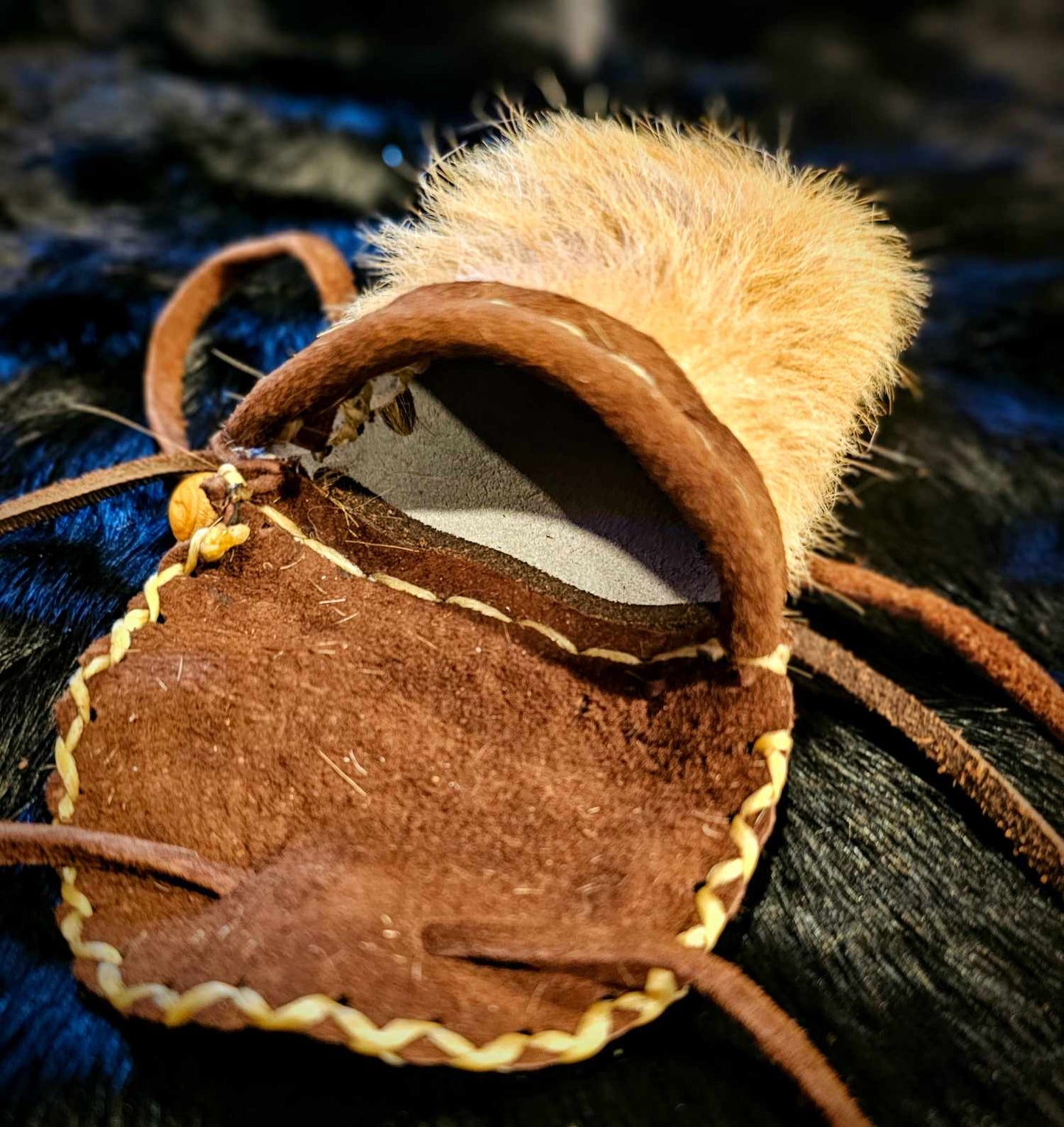 Hair On Cowhide and Suede Leather Pouch With Wood Beads