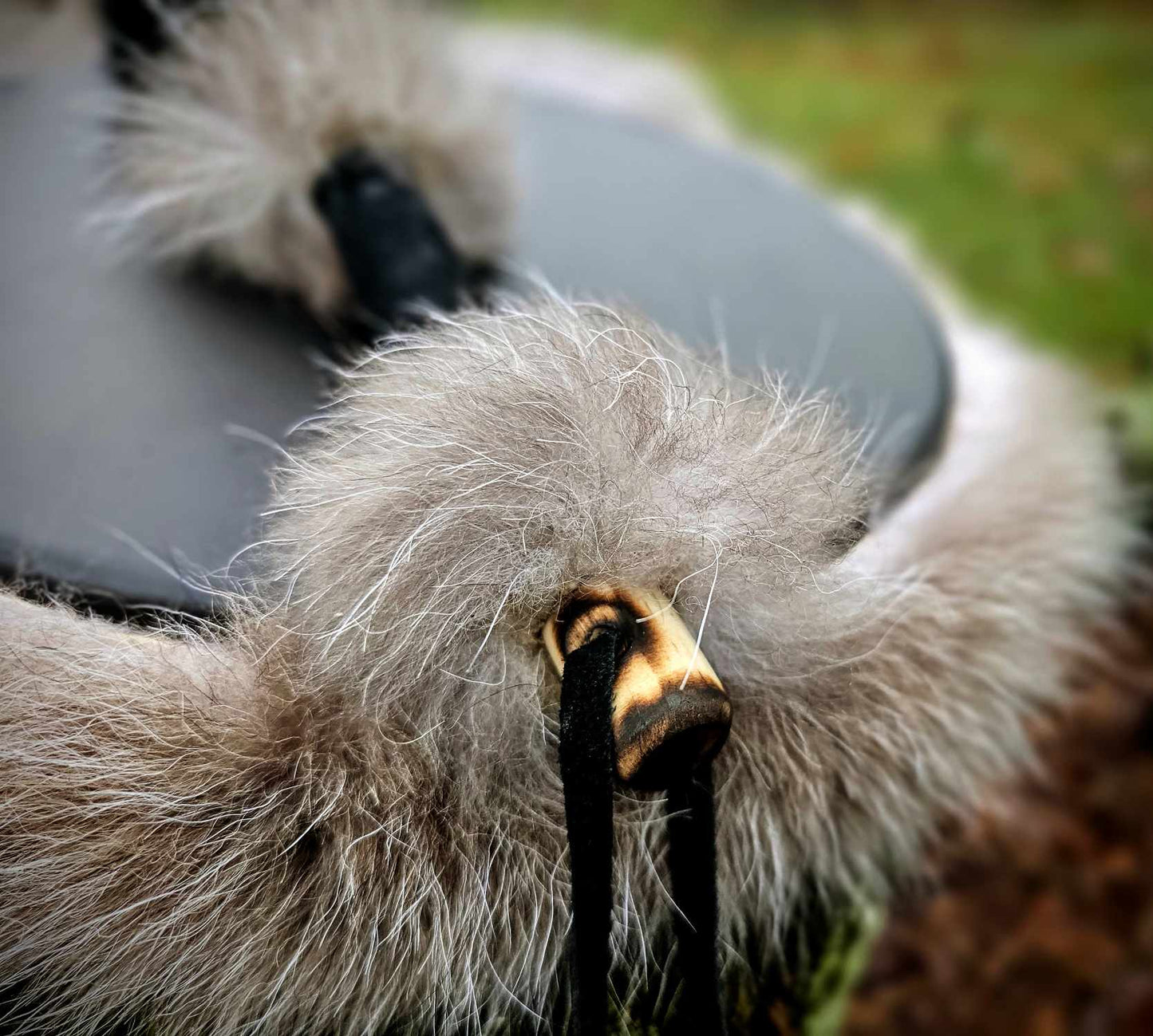 Black Deer Hide Drum & Beater With Wolf Fur Trim & Rabbit Fur Head