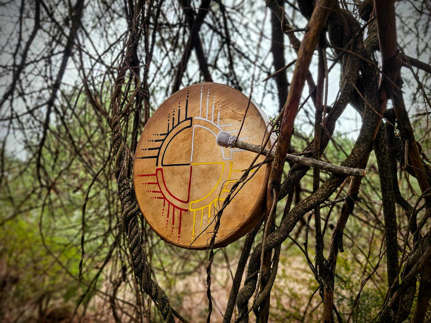 20" Bison Hide Drum With Beater | Hand Painted Four Directions Medicine Wheel Art