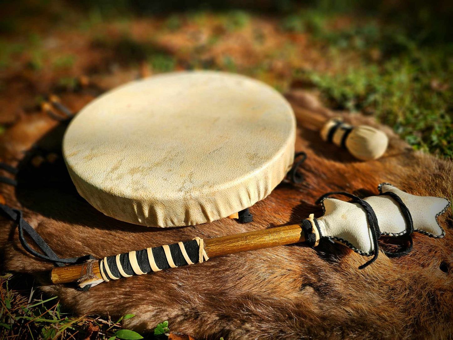 Bear Hide Drum, Beater, and Rattle With Leather Grips