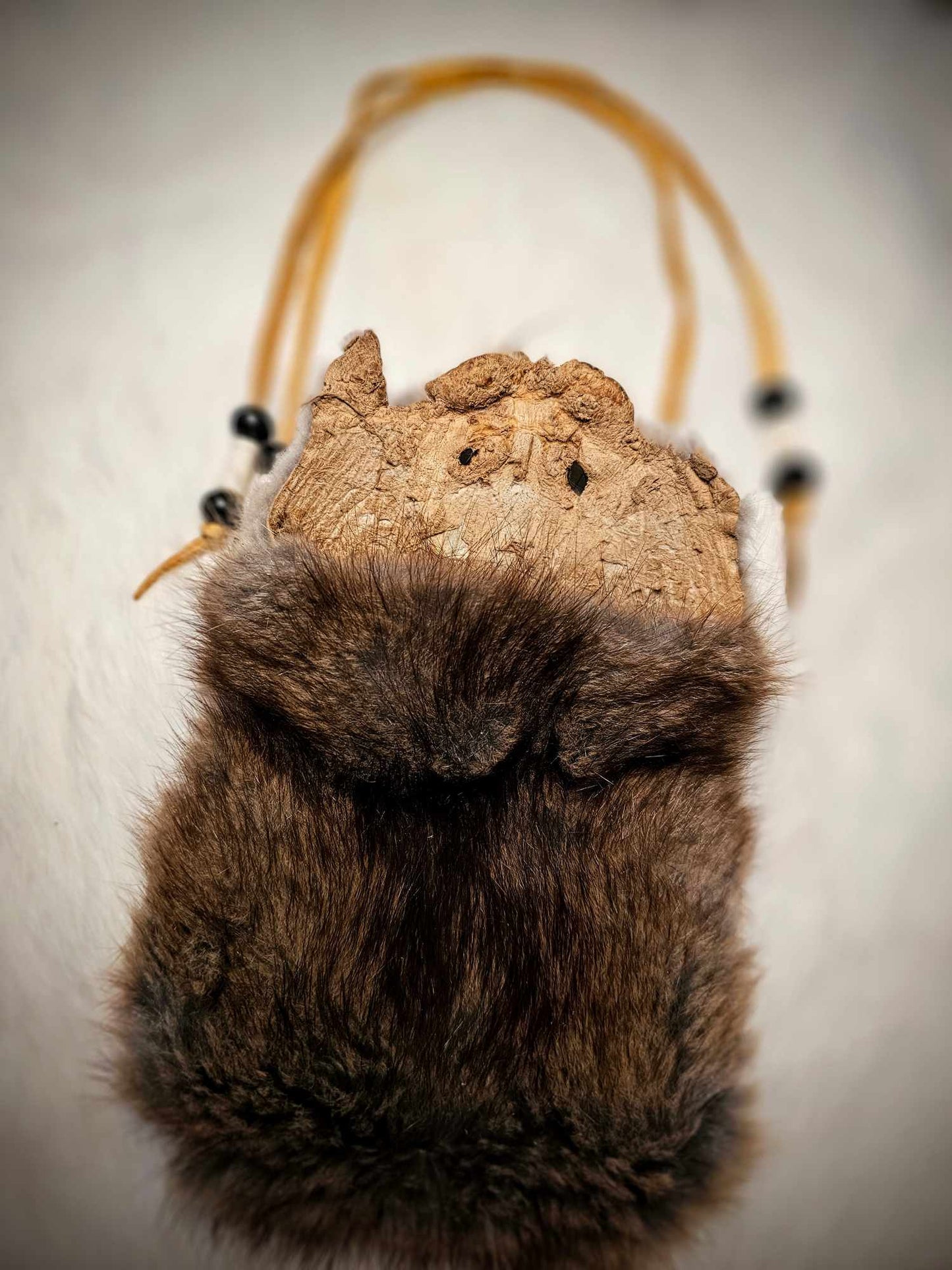 Muskrat Hide Pouch With Buckskin Ties & Buffalo Bone and Horn Beads