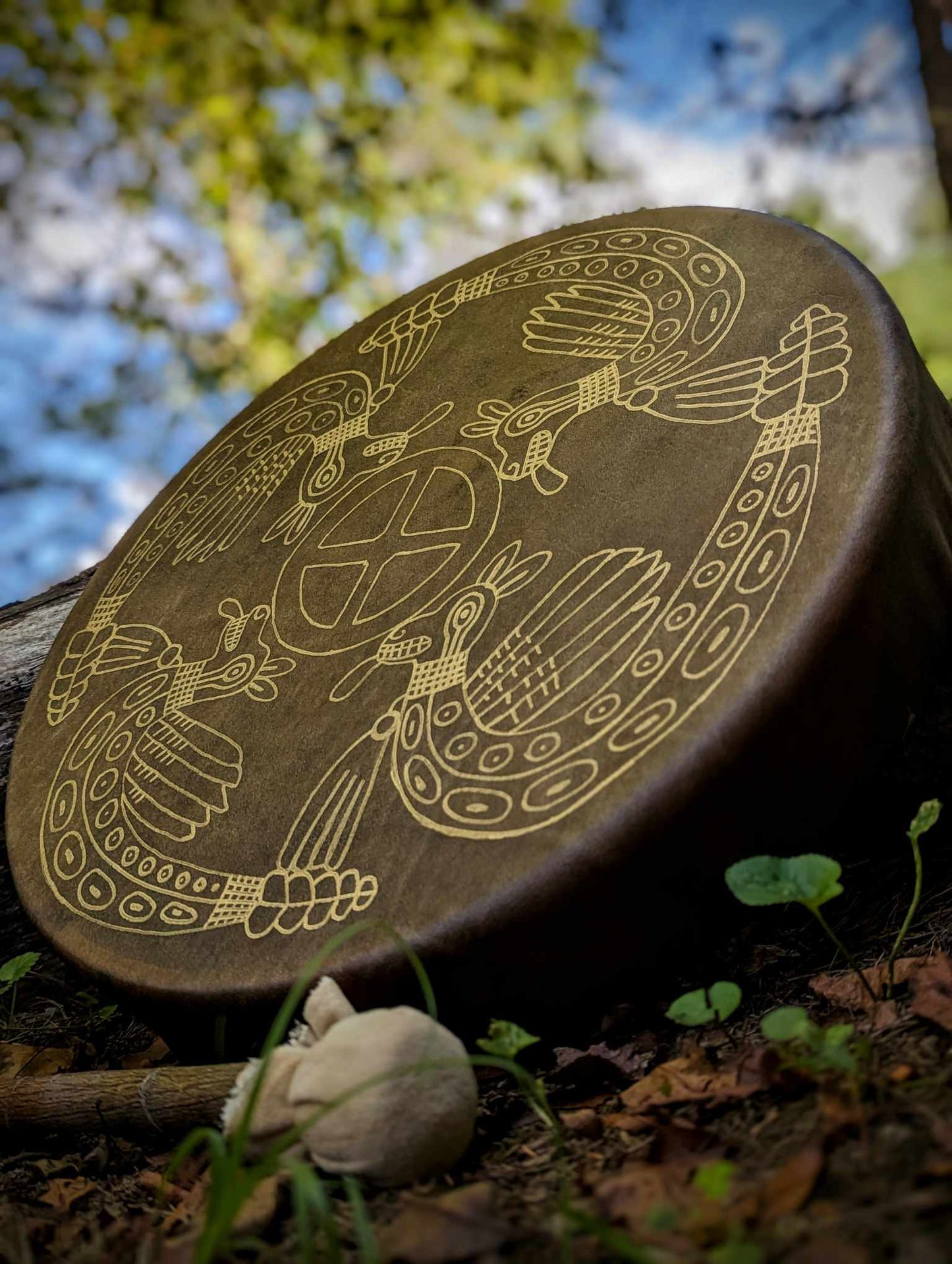 18" Bison Hide Drum | Hand Painted Gold Sunwheel Winged Serpent