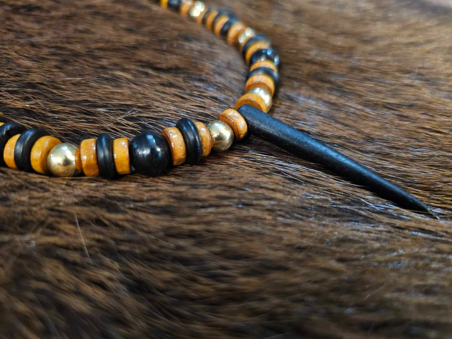 Buffalo Horn Spike Necklace With Brass And Wood Beads