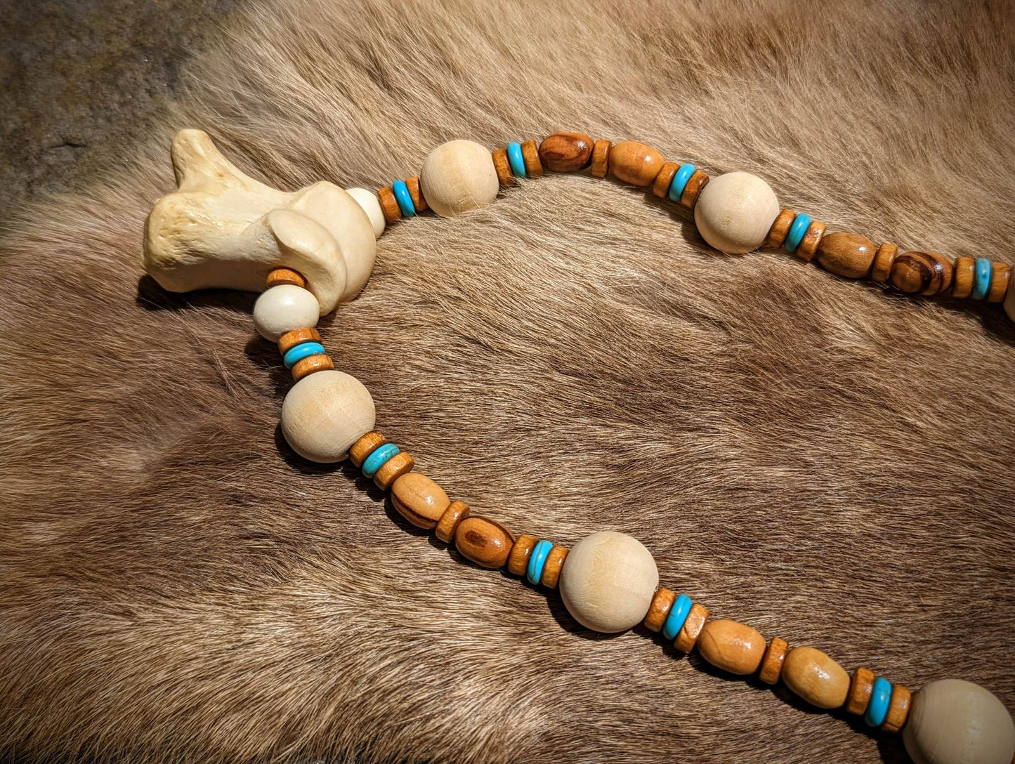 Elk Knuckle Bone, Turquoise, and Olive Wood Necklace