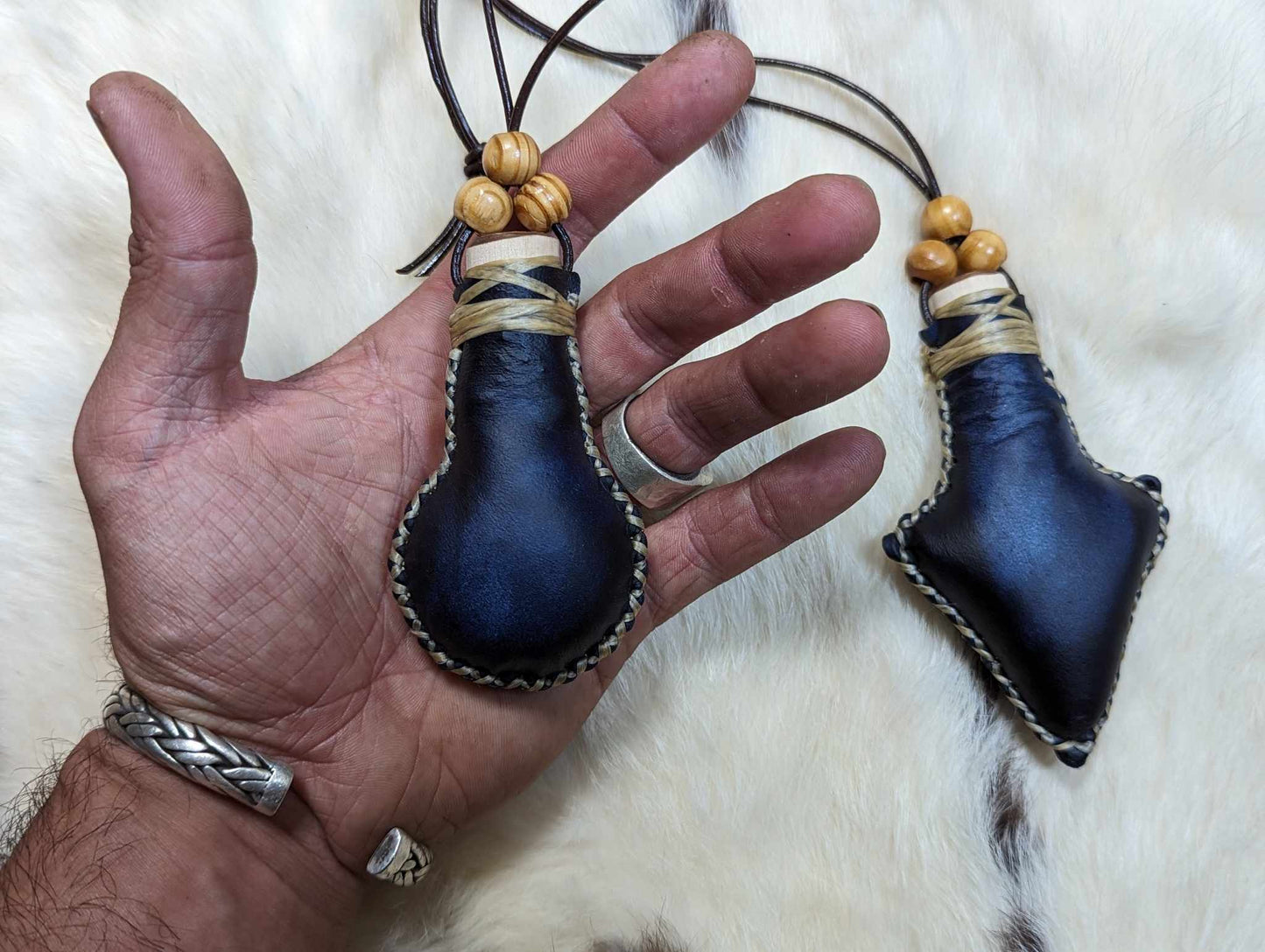 Round or Arrow Wearable Reindeer Hide Deep Blue Black Rattle Necklace | Shaman Rattle | Mini Rattle | Norse Animism
