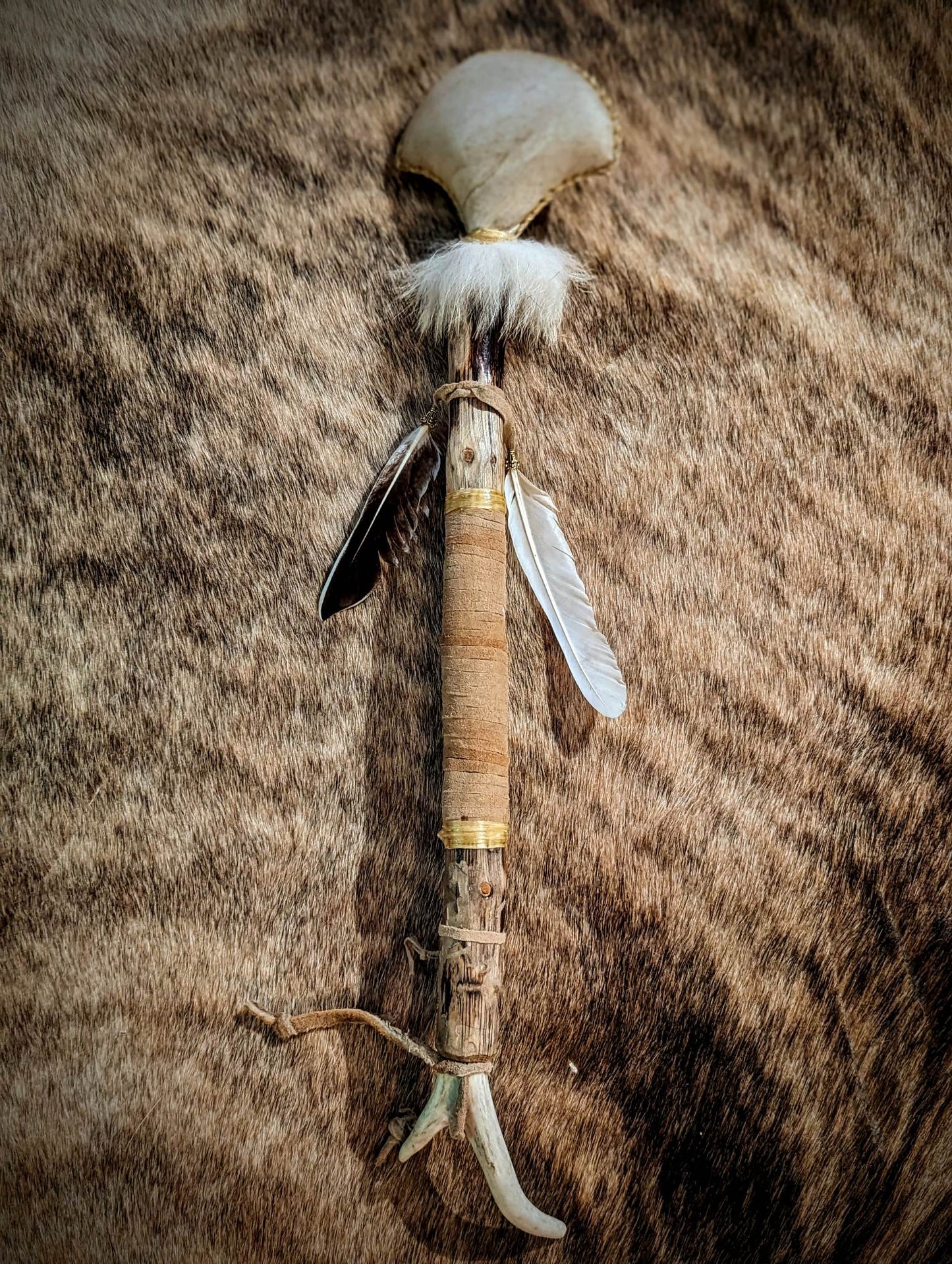 Deer Hide and Antler Rattle With Duck Feathers and Coyote Fur