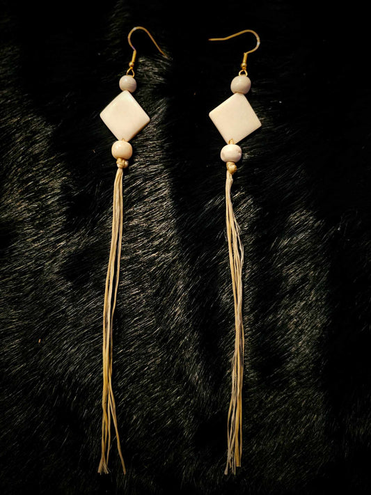 Bone Bead Diamond and Sinew Earrings