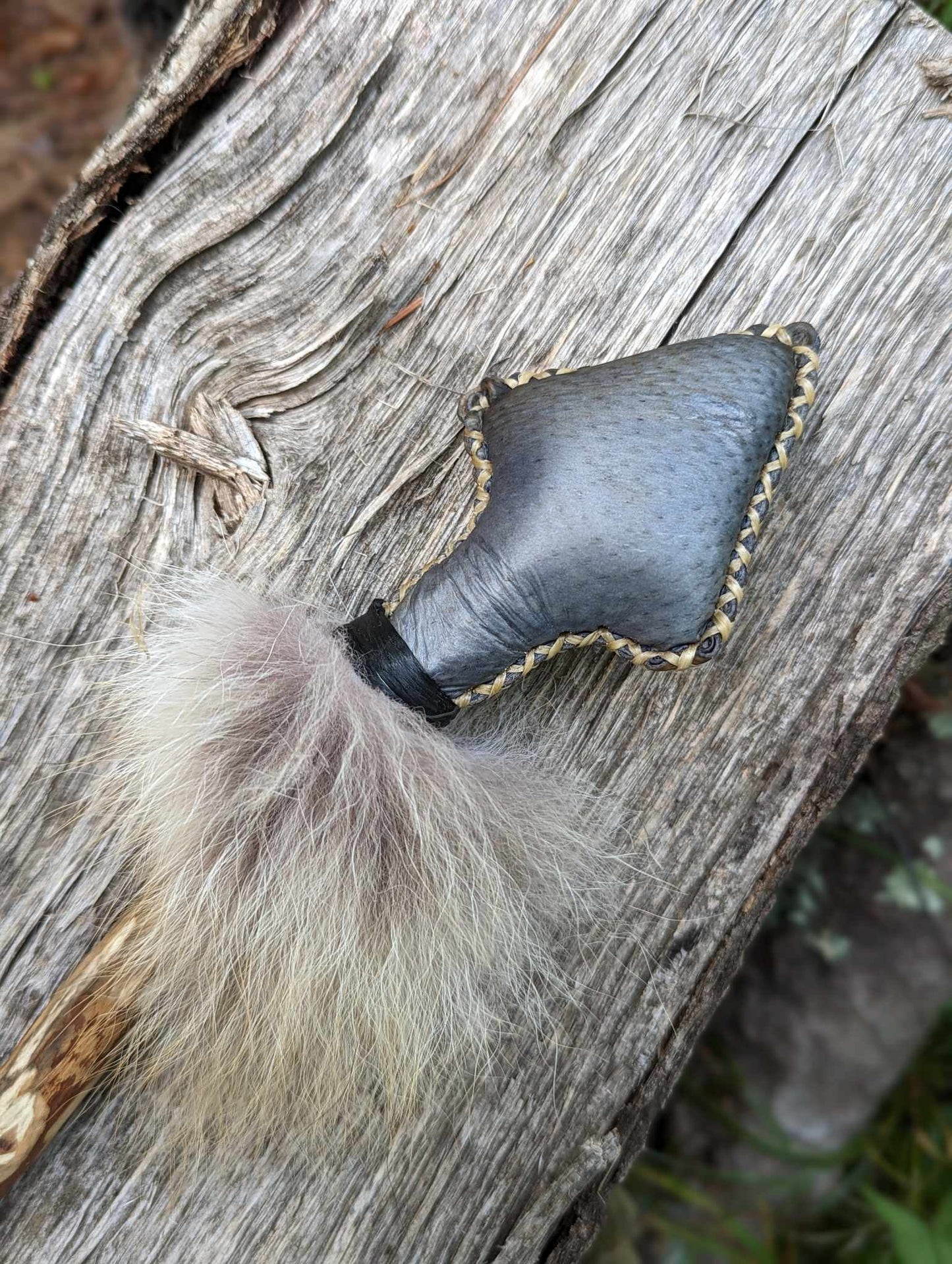 Bear Skin Shaman Rattle with Coyote Fur, Apple Branch, Woven Sinew
