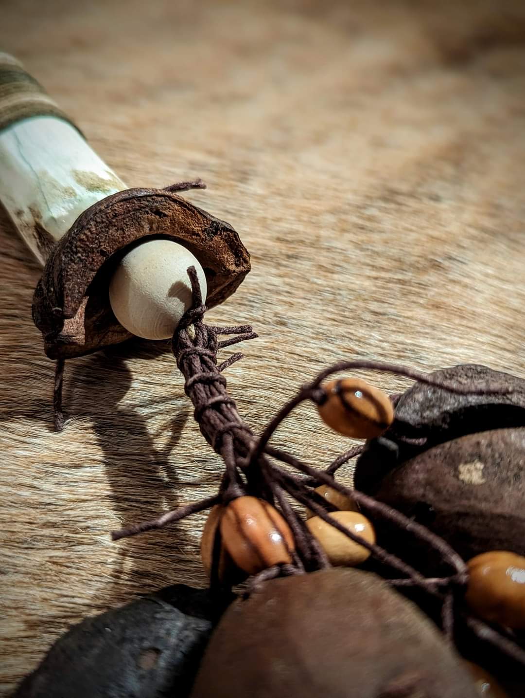 Hickory Nut and Deer Bone Nut Rattle With Wood Bead Hanger