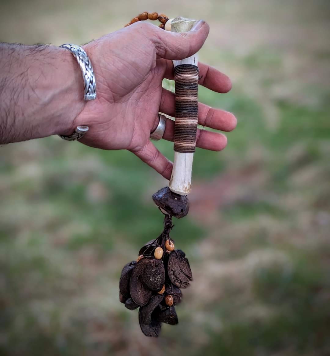 Hickory Nut and Deer Bone Nut Rattle With Wood Bead Hanger