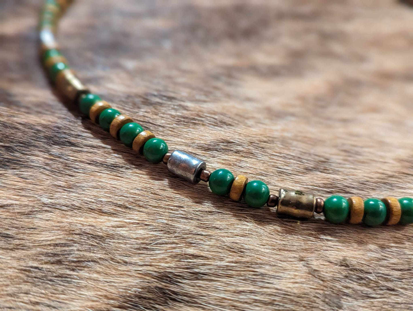 Wood, Green Glass and Metal Beaded Peacock Feather Necklace