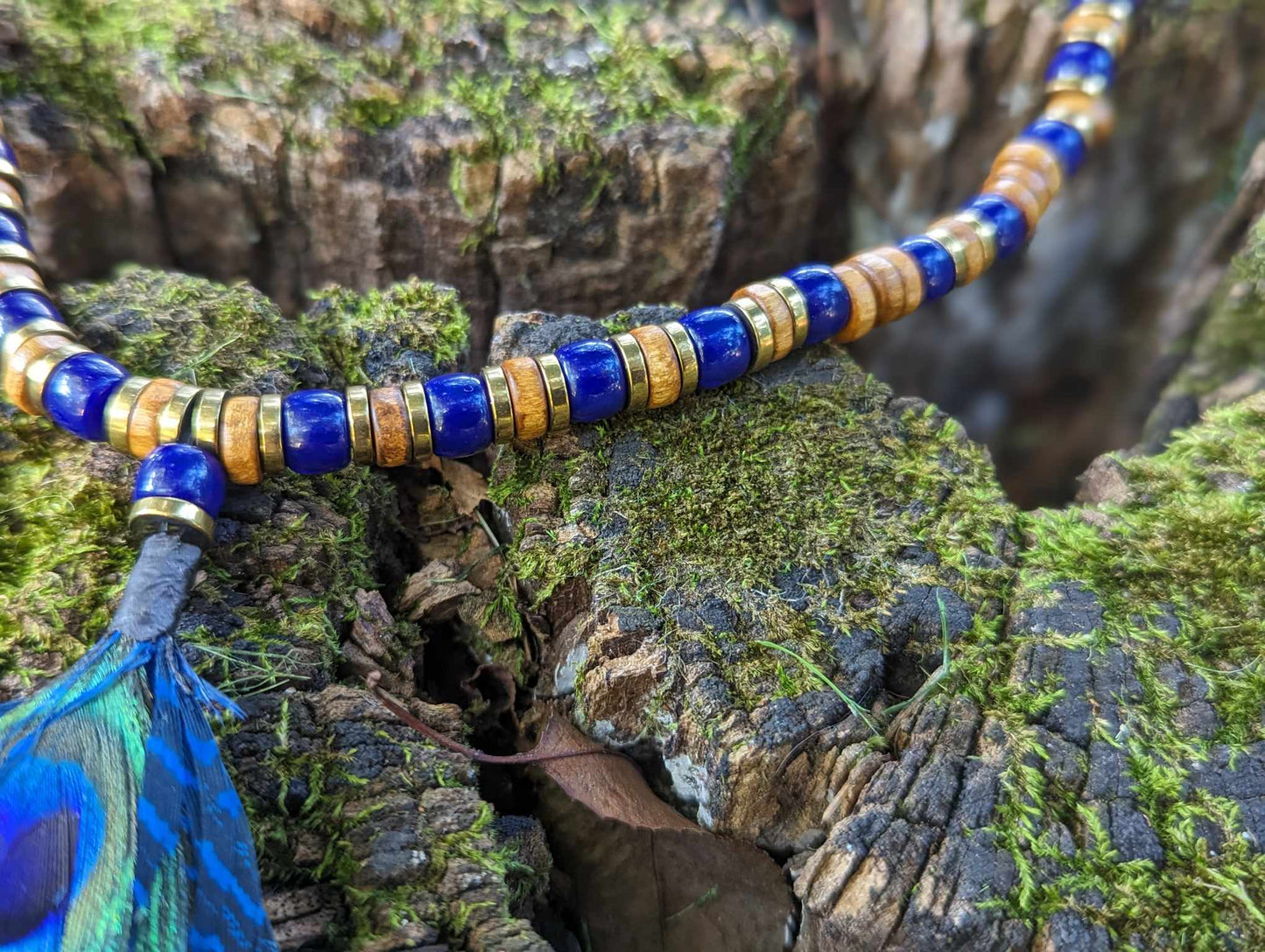 Wood Cobalt Blue Glass and Metal Beaded Peacock Feather Necklace