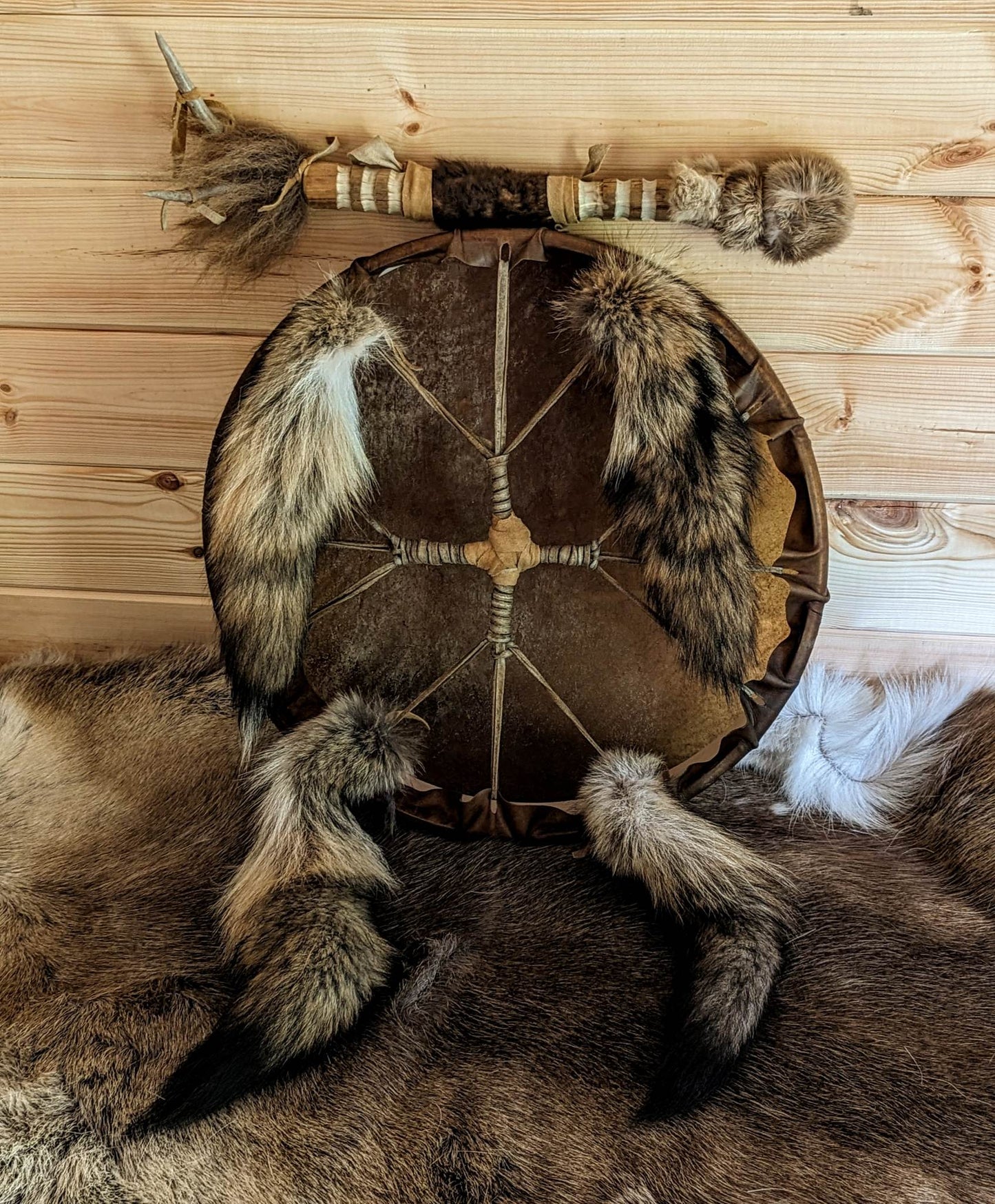 20 Inch Horse Hide Drum with Coyote Tail, and Bison Hair
