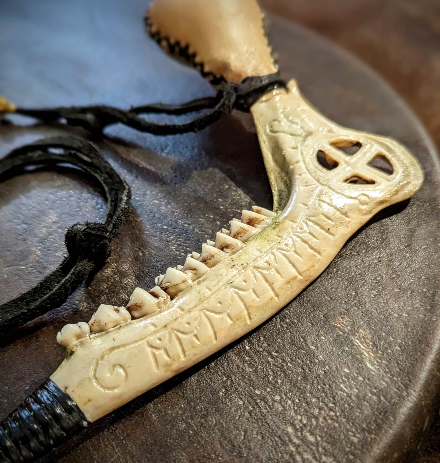 Hand Engraved Deer Jaw and Hide Shaman Rattle With Turkey Feathers | Sunwheel Stave Art