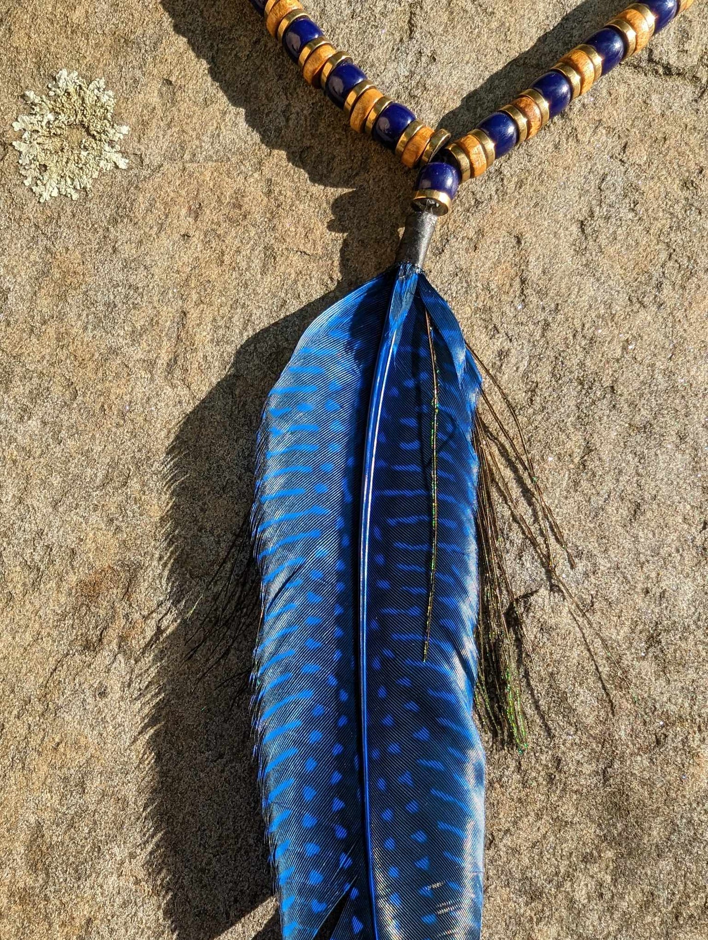 Wood Cobalt Blue Glass and Metal Beaded Peacock Feather Necklace