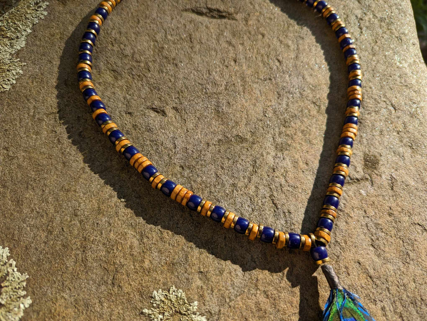 Wood Cobalt Blue Glass and Metal Beaded Peacock Feather Necklace