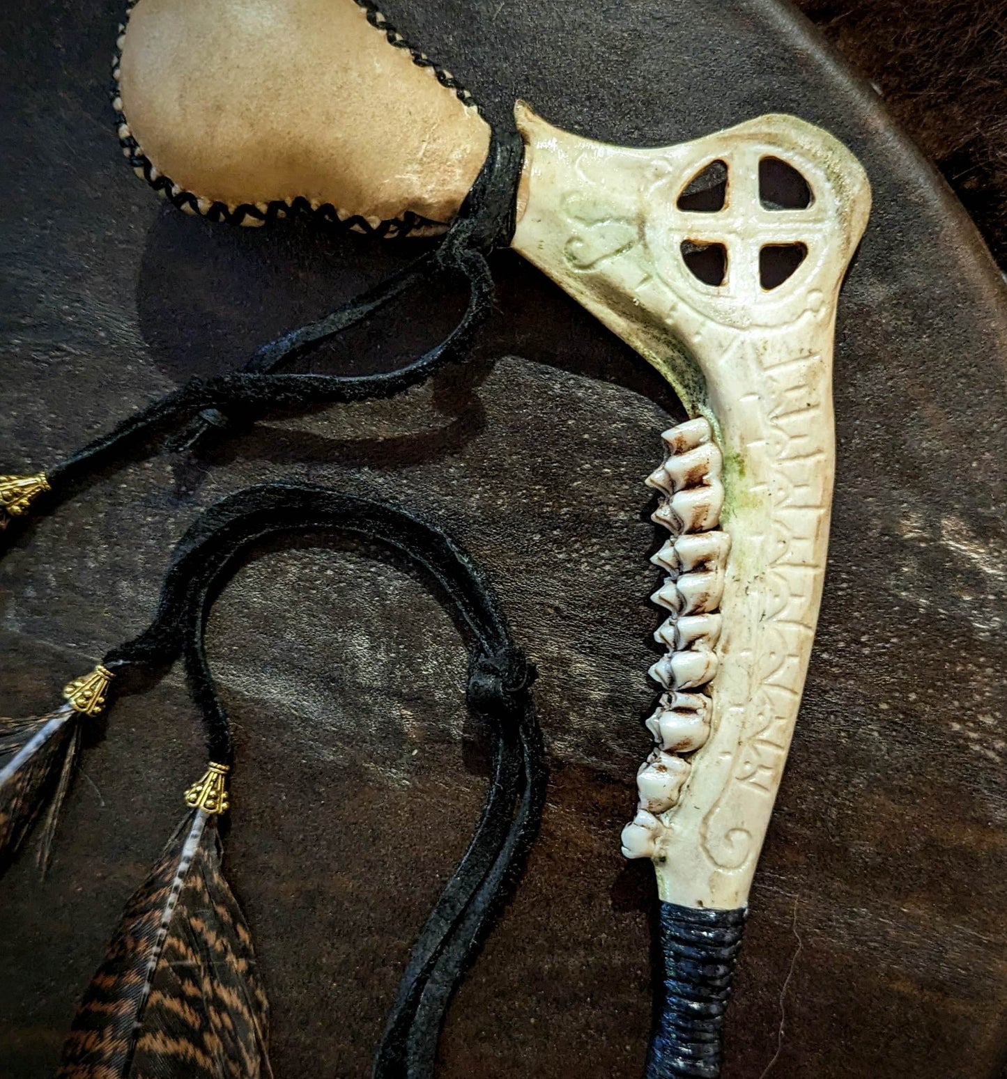 Hand Engraved Deer Jaw and Hide Shaman Rattle With Turkey Feathers | Sunwheel Stave Art