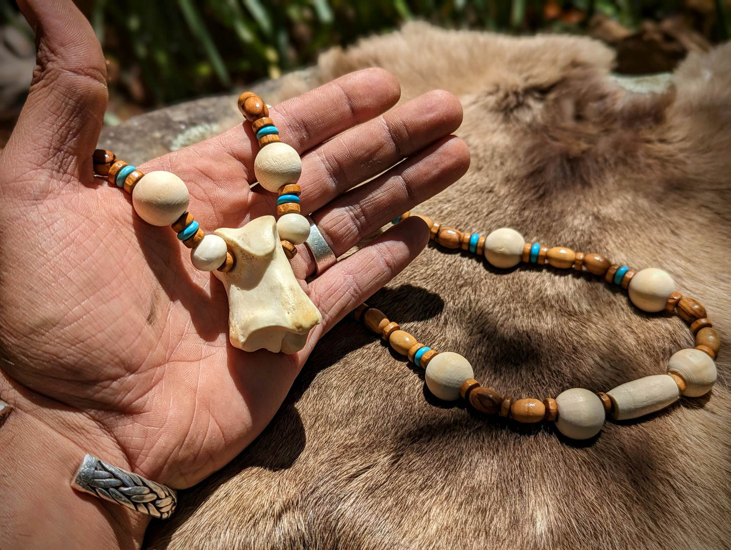 Elk Knuckle Bone, Turquoise, and Olive Wood Necklace