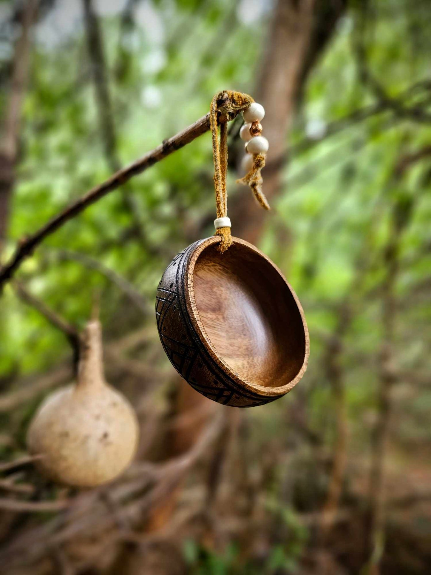 Acacia Wood Offering Bowl With Buckskin Strap, Bone Beads, and Copper Beads