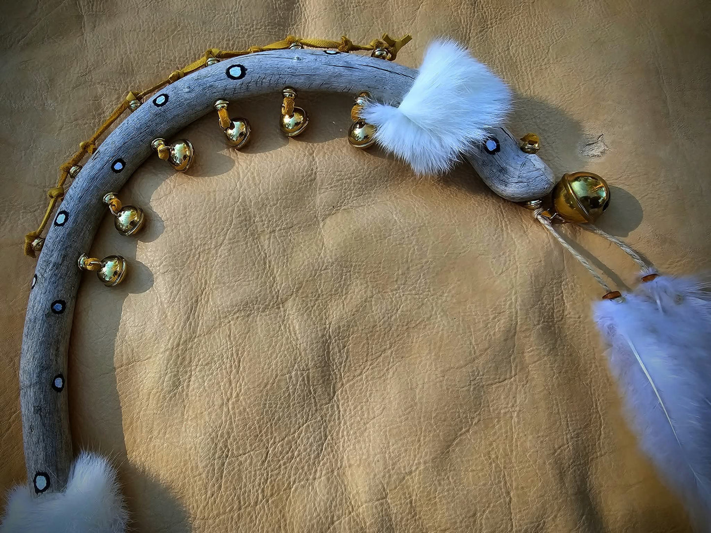 Seven Sisters Hand Carved and Painted Hawk Bell Rattle With Rabbit Fur and Buckskin