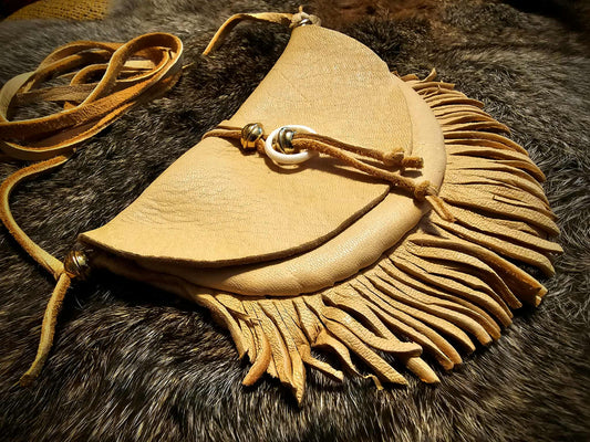 Handmade Buckskin Half Moon Medicine Bag Neck Pouch With Bone