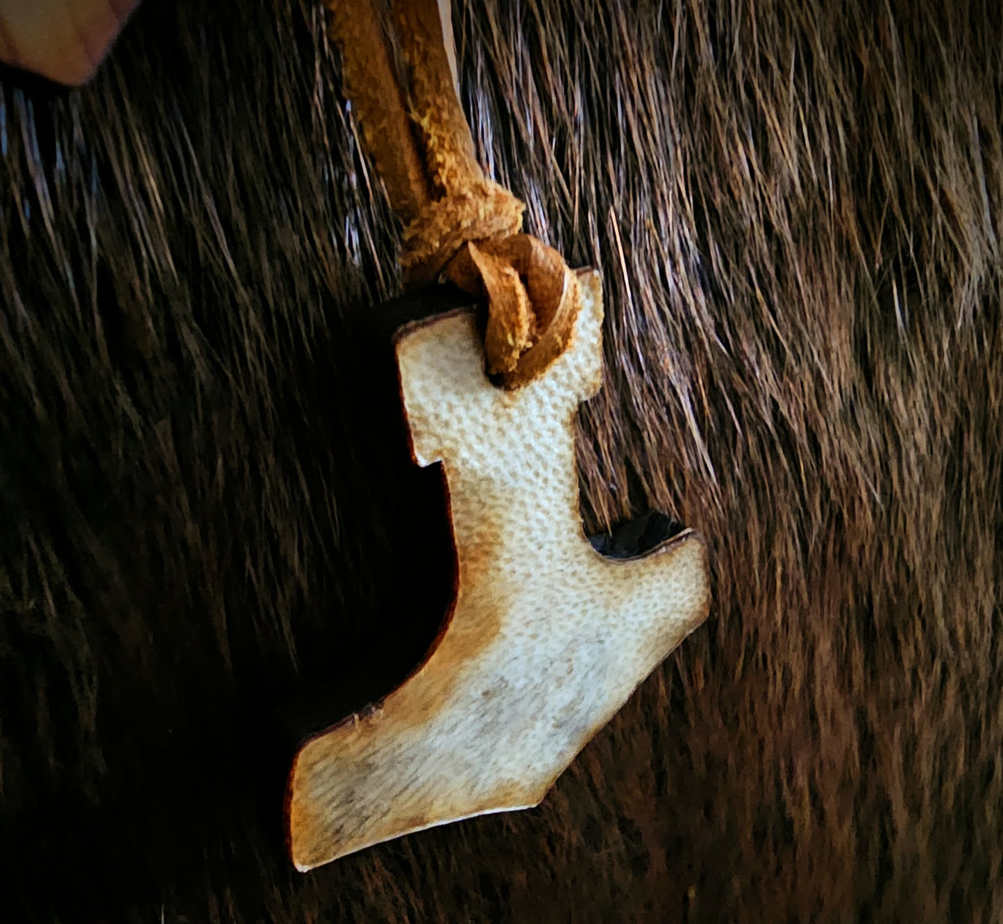 Oak Wood Bear Hide Mjölnir Pendant on Adjustable Leather Cord