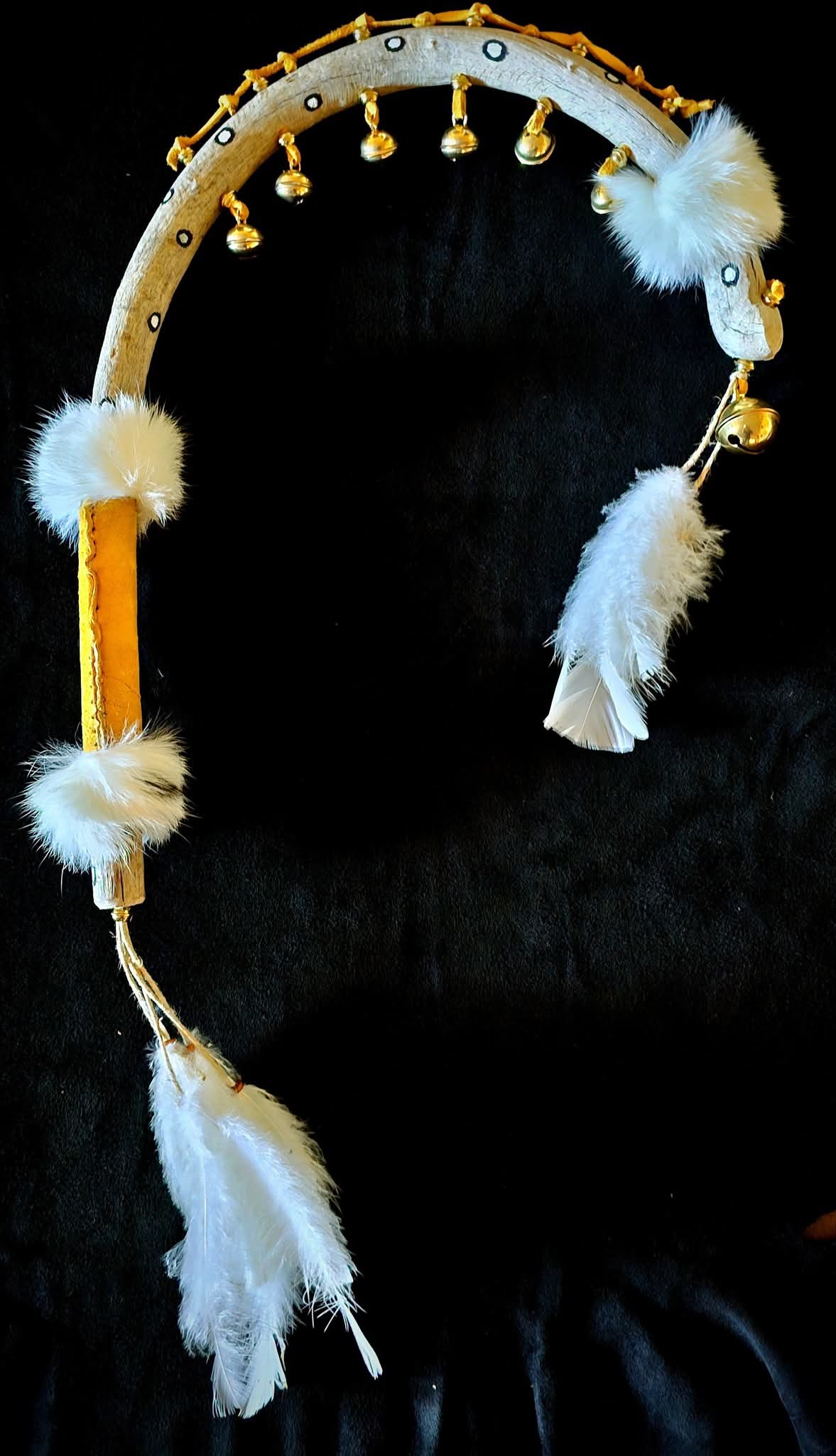 Seven Sisters Hand Carved and Painted Hawk Bell Rattle With Rabbit Fur and Buckskin