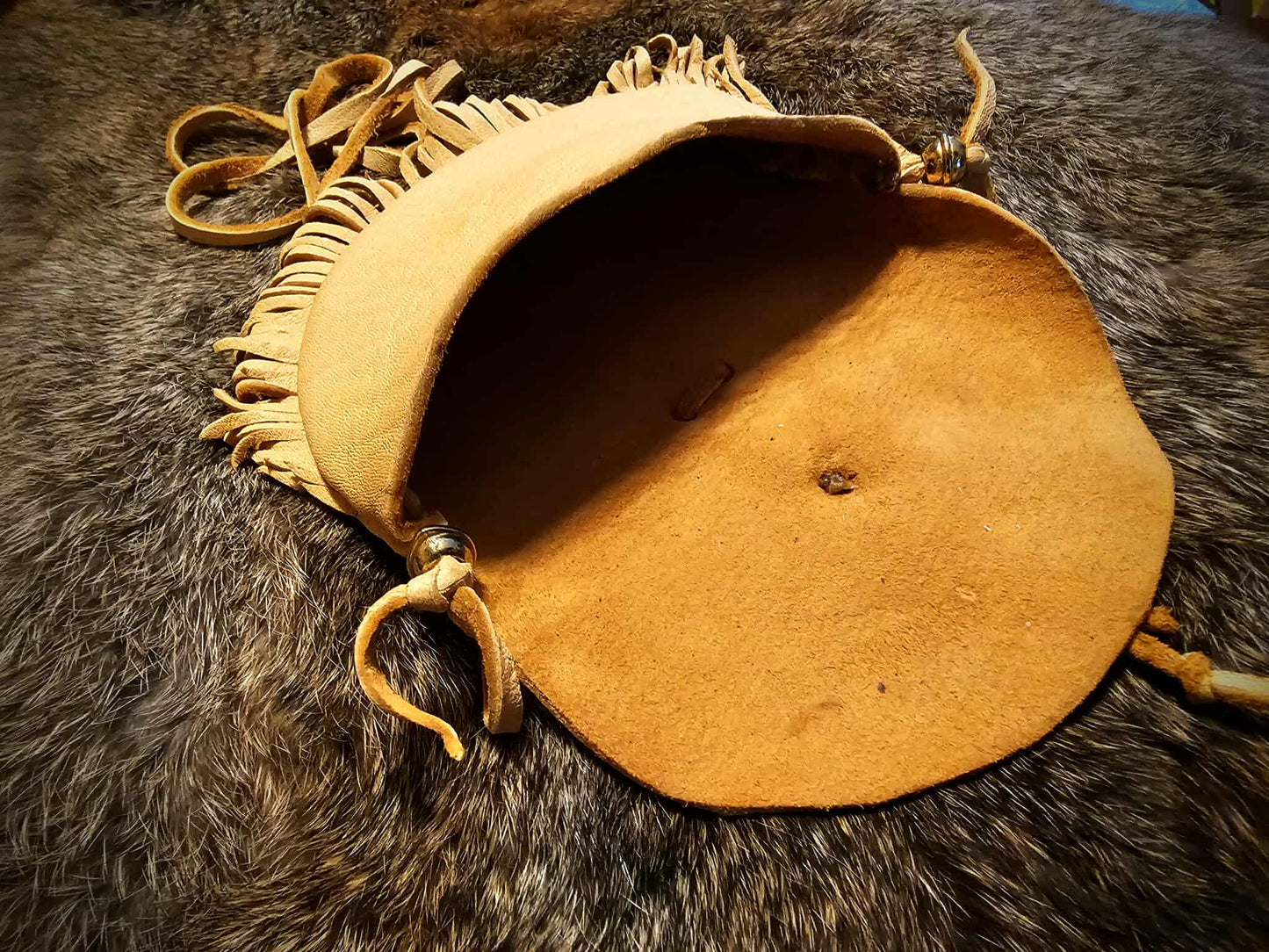 Handmade Buckskin Half Moon Medicine Bag Neck Pouch With Bone