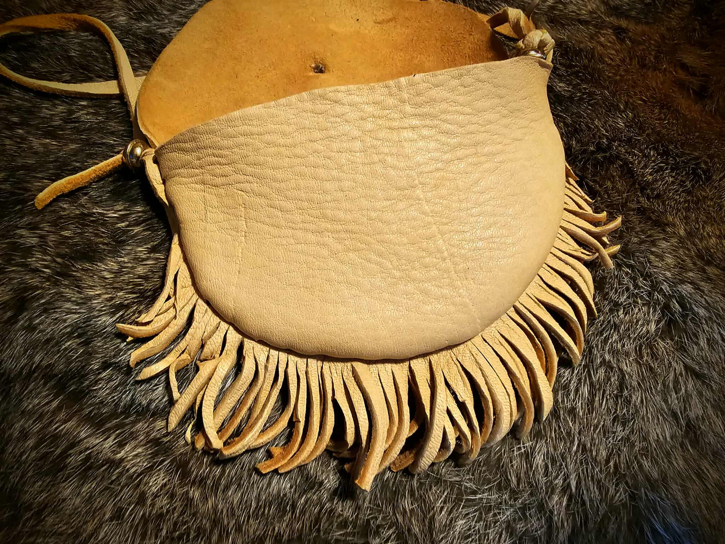 Handmade Buckskin Half Moon Medicine Bag Neck Pouch With Bone