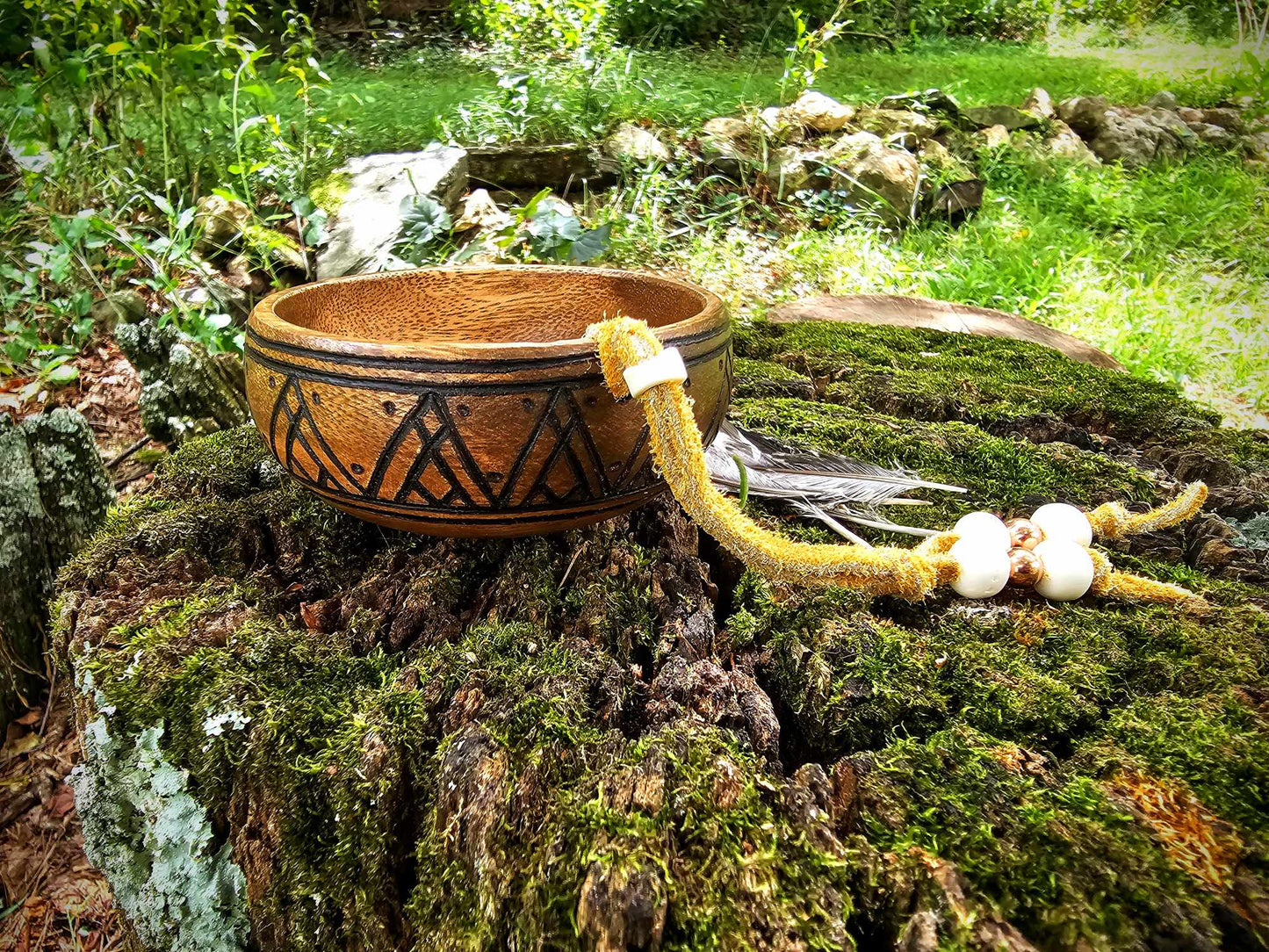 Acacia Wood Offering Bowl With Buckskin Strap, Bone Beads, and Copper Beads