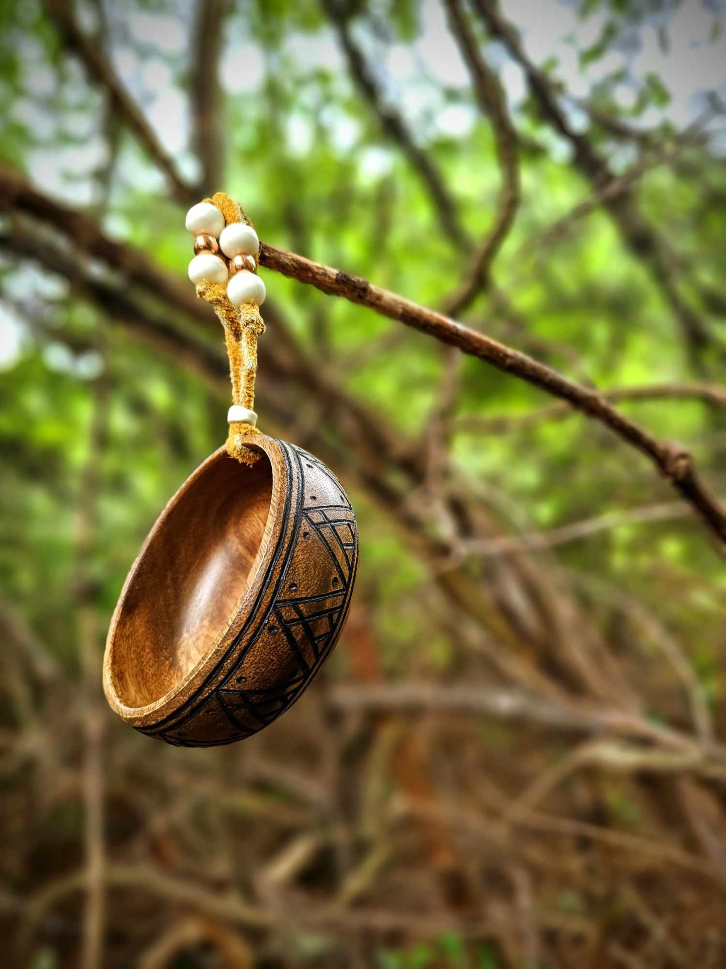 Acacia Wood Offering Bowl With Buckskin Strap, Bone Beads, and Copper Beads