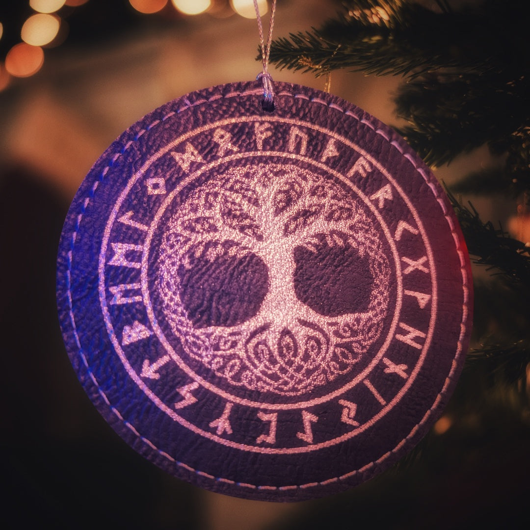 Yggdrasil Rune Futhark Yule Ornament | Vegan Leather Norse Pagan Asatru Holiday Ornaments