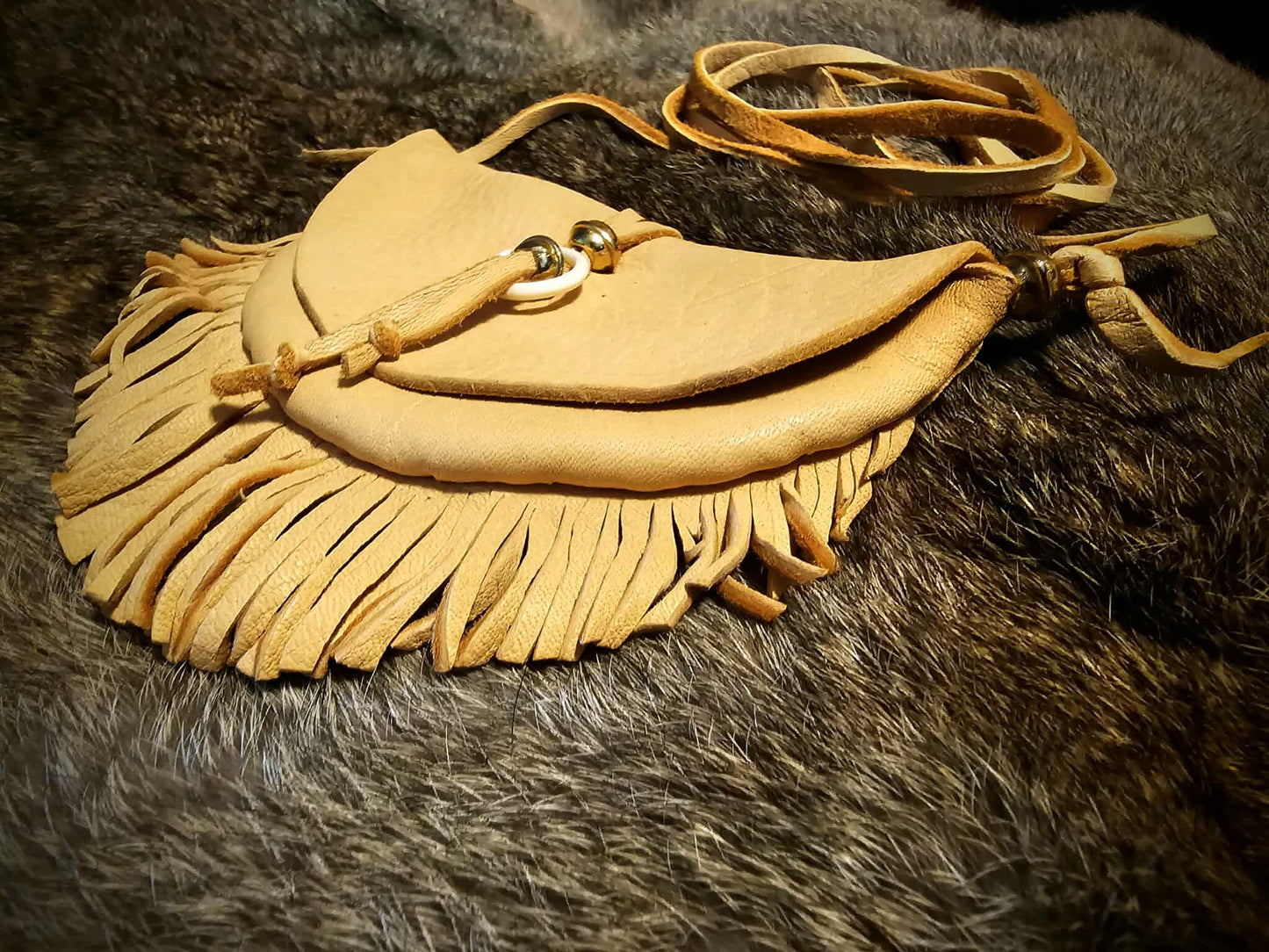 Handmade Buckskin Half Moon Medicine Bag Neck Pouch With Bone