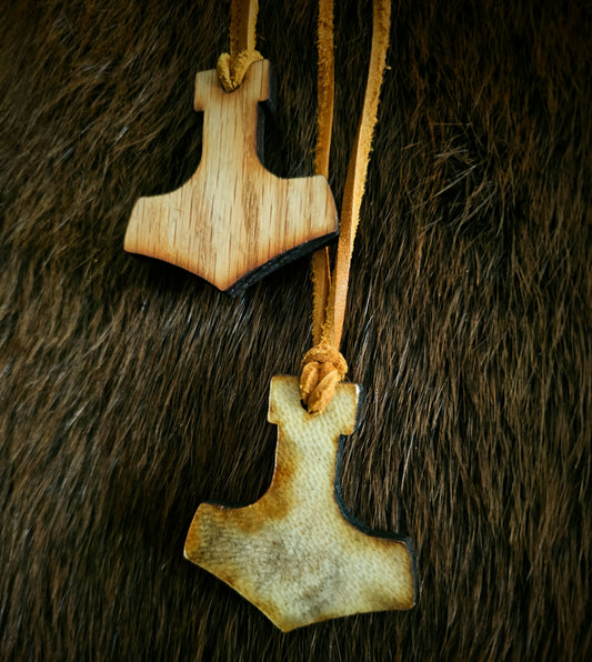 Oak Wood Bear Hide Mjölnir Pendant on Adjustable Leather Cord