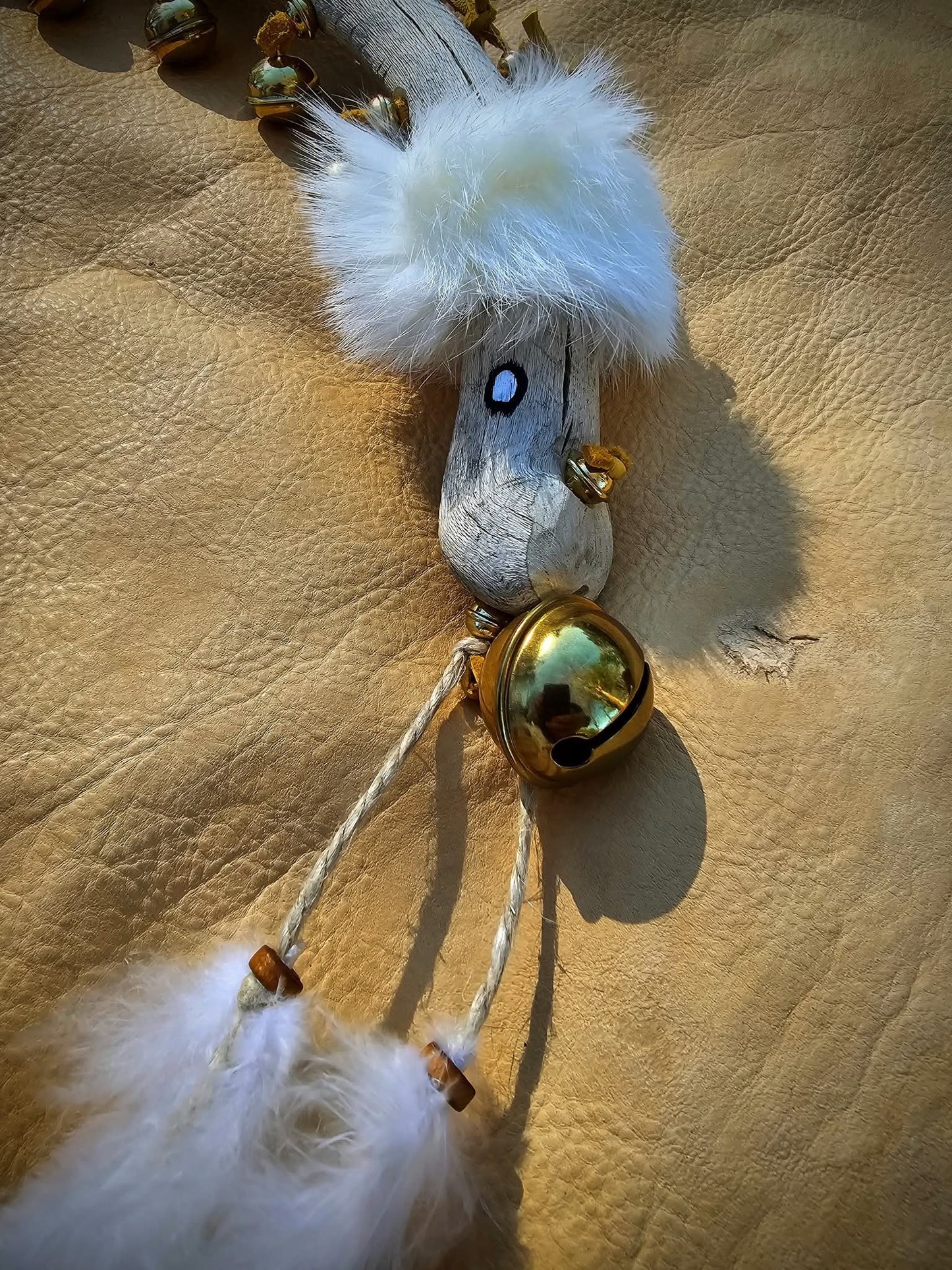 Seven Sisters Hand Carved and Painted Hawk Bell Rattle With Rabbit Fur and Buckskin
