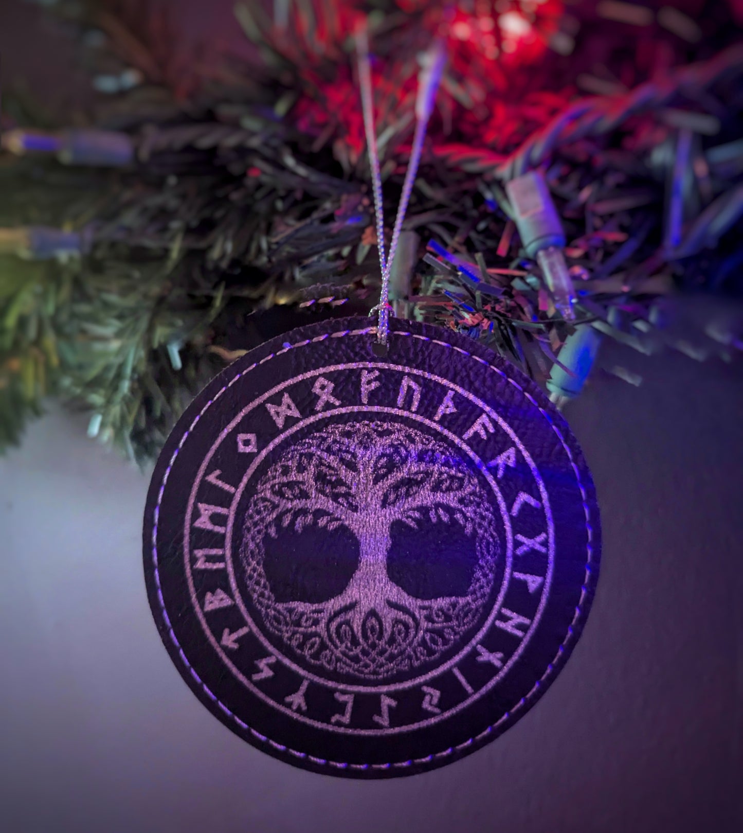 Yggdrasil Rune Futhark Yule Ornament | Vegan Leather Norse Pagan Asatru Holiday Ornaments