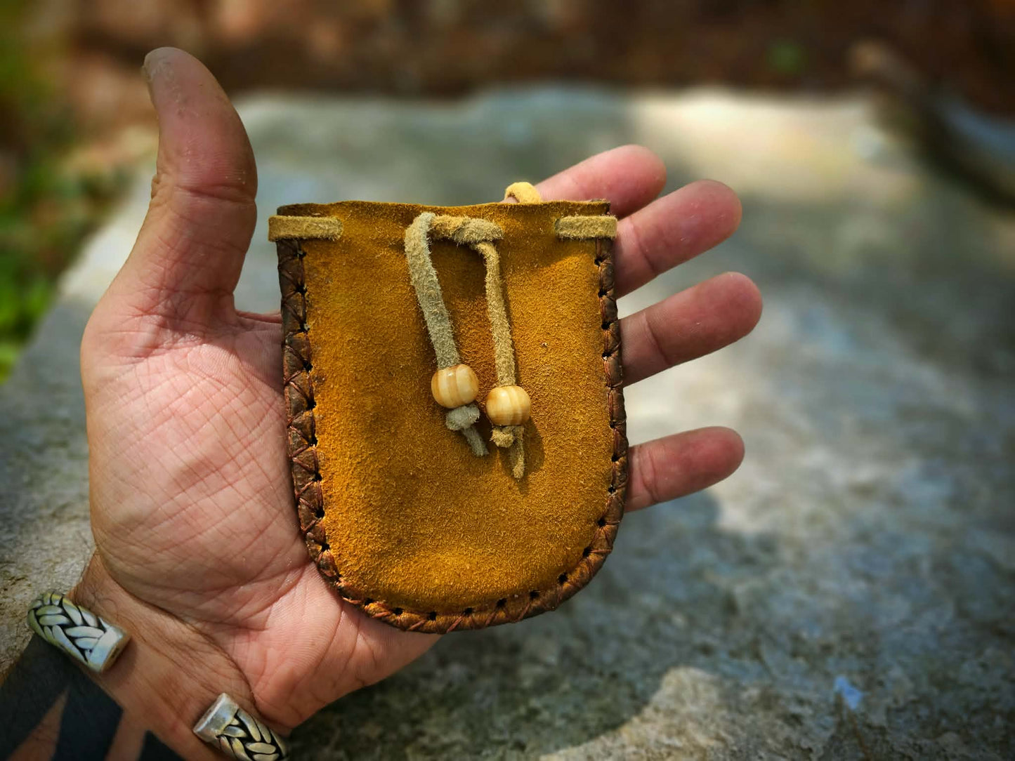 Buckskin Neck Pouch Hard Back for Tobacco or Herbs